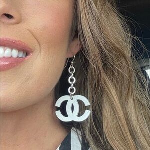 Sterling silver Chain Drop Earrings with CC White Logo Charms